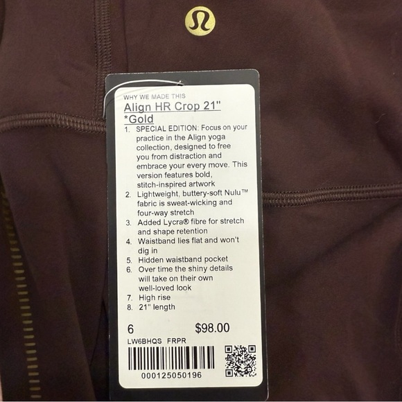 NWT Lululemon Align HR Crop 21” *Gold SPECIAL EDITION Size 6 - Picture 3 of 4